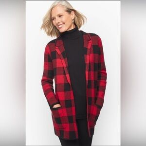 NWOT Talbots Women’s Notch Collar Red and Black Buffalo Plaid Sweater Jacket, L
